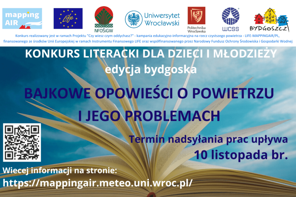 Plakat informacyjny konkursu literackiego, edycja bydgoska, więcej informacji na stronie: https://mappingair.meteo.uni.wroc.pl